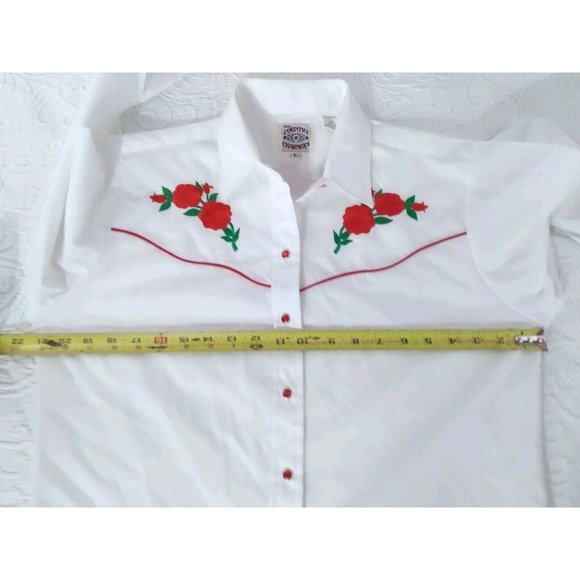 Country Charmers Ely western white embroidered red roses Snap Shirt women’s LRG - Picture 6 of 16